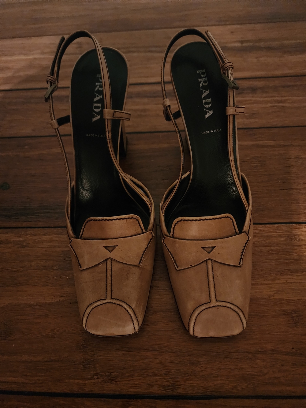 Prada Tan Leather Slingback Block Heel Sandals Size 8 - Picture 3 of 5